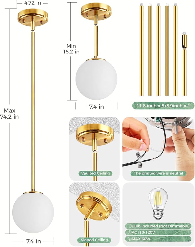 Majade Globe Pendant Lights Kitchen Island Mid Century Modern Pendant Light Fixtures 2 Pack 7.4 Inch Gold Ceiling Lighting with Milk Glass Shade Adjustable Brushed Brass Hanging Light for Dining Room
