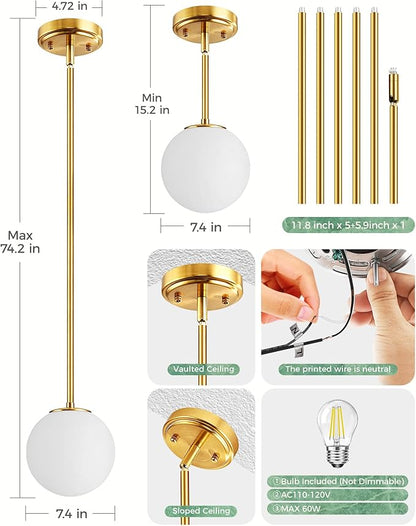 Majade Globe Pendant Lights Kitchen Island Mid Century Modern Pendant Light Fixtures 2 Pack 7.4 Inch Gold Ceiling Lighting with Milk Glass Shade Adjustable Brushed Brass Hanging Light for Dining Room