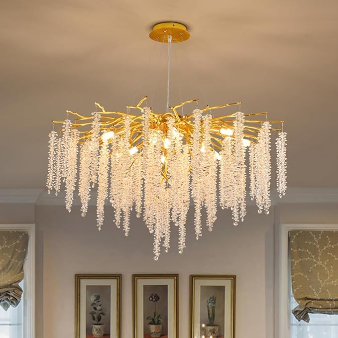 Crystal Tree Branches Chandeliers Luxury Round Raindrop Pendant Light Fixture Ceiling Hanging Light for Dining Room Bedroom Living Room Entryway D31.5“ Gold