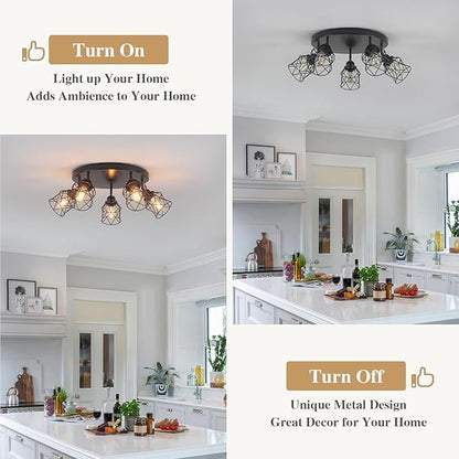 5-Lights Kitchen Light Fixtures Ceiling Mount, Adjustable Multi-Directional Black Flush Mount Ceiling Light, Retro Metal Cage Farmhouse Close to Ceiling Light Fixture for Hallway Dining Room Entryway
