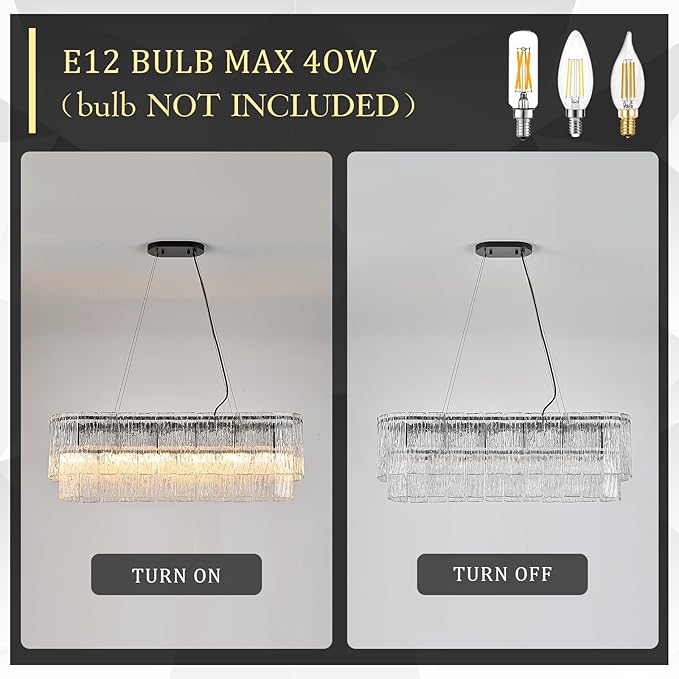 CATINER Black Rectangle Chandeliers for Dining Room Modern Crystal Glass Island Light 6-Light Chandelier Luxury Rectangular Linear Hanging Pendant Light Fixture for Kitchen L35.5”