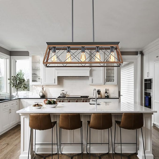 5-Light Dining Room Chandelier Over Table, Farmhouse Kitchen Island Lighting, Adjustable Height Chandeliers for Kitchen, Dining Room Table Walnut