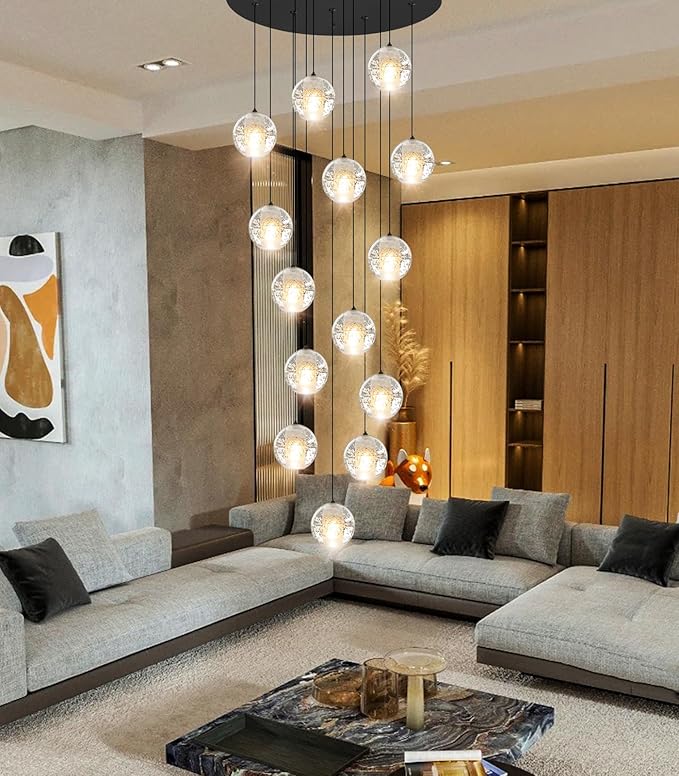 HAIXIANG 14-Lights Modern Chandelier Bubble Crystal 118" Long Lights for Living Room Entrance Foyer Sloped High Ceiling Spiral Pendant Lighting Warm Light Bulbs Black Lights