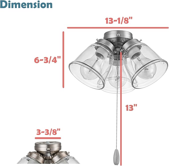 Aspen Creative 22011-1, Three-Light Ceiling Fan Light Kit with Pull Chain, Brushed Nickel Finish with Clear Glass Shades, 13-1/8" Diameter x 6-3/4" Height