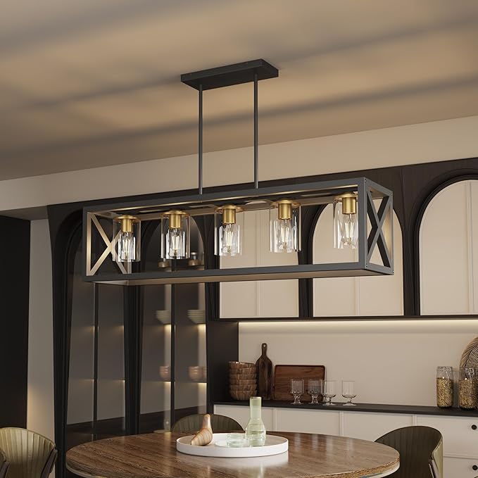 Black Gold Dining Room Light Fixture - 5 Light Chandeliers for Dining Room with Clear Glass Shade & Adjustable Height & Thickened Metal Rectangle Dining Table Light Fixture