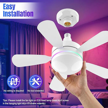 Modern Ceiling Fans with LED Lights, LED E26/E27 Screw Base Mini Light Socket Fan with Cord for Bedroom, Living Room, Kitchen, Balcony (RGB)