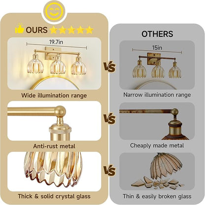 Bathroom Vanity Light 3 Light, 20 in Brushed Brass Bathroom Light Fixtures, Vintage Wall Sconces,Bath Vanity Lights Over Mirror with Amber Tulip Glass Shade for Bedroom Living Room,E26 Base
