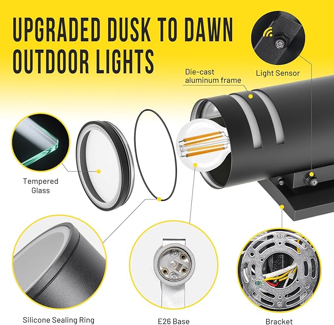 Outdoor Wall Lights 2 Pack, Dusk to Dawn Exterior Wall Light Fixtures, IP65 Waterproof Porch Lights Outdoor, Modern Black E26 Wall Sconce with LED Bulbs Included, 13 Inch (2, Black)