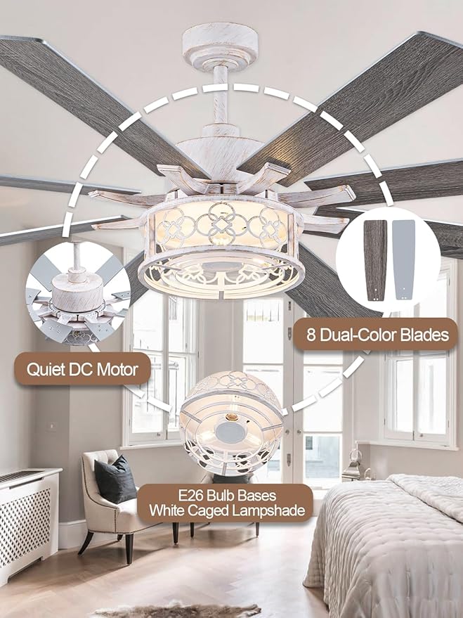 72 Inch Farmhouse Ceiling Fan with Lights Large Rustic Ceiling Fan Retro White Caged Fandelier Industrial Chandelier Light with Remote for Indoor Outdoor, Reversible DC Motor 6 Speed