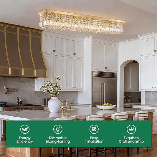 Large Modern Crystal Chandeliers for Dining Room Light Fixture, 13-Light Gold Rectangle Chandelier Ceiling Light for Kitchen Island Living Room, L59 Inch