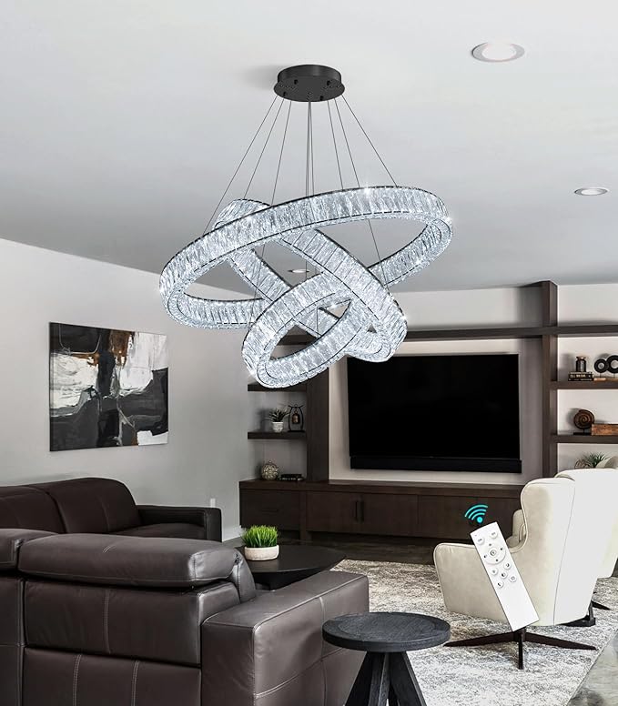 HAIXIANG Modern Glam Chandelier Crystal LED Remote Rings Chandelier Adjustable Hanging Ceilings Pendant Lights Fixture Gold 16"+24"+32" Rings Lighting