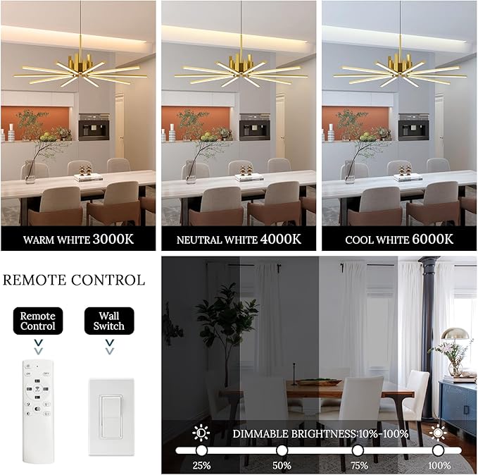 Gold Modern Sputnik Chandelier with Remote Control, 56W 3-Color Temperature Dimmable LED Chandelier for Dining Room, Hanging Adjustable Pendant Light for Living Room Kitchen Foyer Entryway