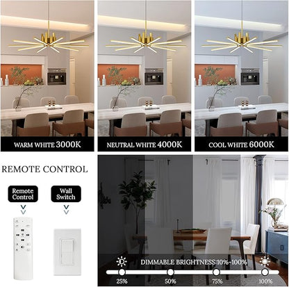 Gold Modern Sputnik Chandelier with Remote Control, 56W 3-Color Temperature Dimmable LED Chandelier for Dining Room, Hanging Adjustable Pendant Light for Living Room Kitchen Foyer Entryway