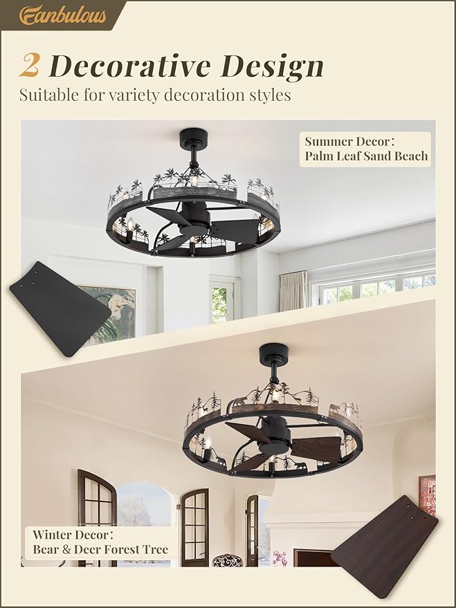 Fanbulous 30 Inch Farmhouse Rustic Ceiling Fan with Light and Remote, Black Chandelier Fan with Bear and Deer Design,Summer Sand Beach Design,Rustic Chandeliers for Living Room, Bedroom