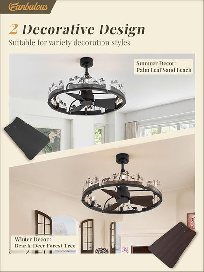 Fanbulous 30 Inch Farmhouse Rustic Ceiling Fan with Light and Remote, Black Chandelier Fan with Bear and Deer Design,Summer Sand Beach Design,Rustic Chandeliers for Living Room, Bedroom