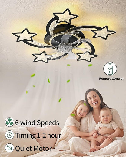 Yfrest Modern Ceiling Fan with Lights Remote Control, Black Star Ceiling Fan with Light APP Control, 6 Speeds 3 Light Color Low Profile Ceiling Fan for Kitchen Bedroom