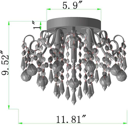 Q&S Small Crystal Chandelier Flush Mount Ceiling Light 3 Lights Modern Chrome Iron Raindrop Crystal Ceiling Fixture for Bedroom Hallway Closet Entryway Stairs
