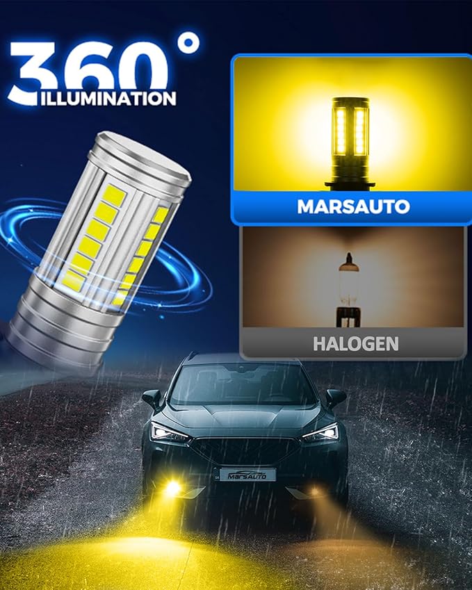 Marsauto H16 H8 Led Fog Light Bulb Yellow 12,000LM, 1:1 Size H11 Yellow Fog Lights, Real 360° Illumination 3000K Amber Strong Penetration, Upgraded LED Chips H11 H8 Fog Bulb, Tail Light Covers