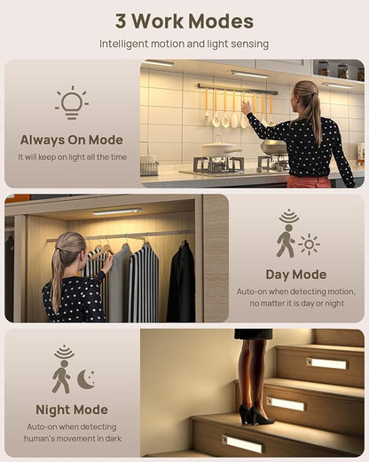 Under Cabinet Lighting with Remote, 12" Motion Sensor Light Indoor, Rechargeable LED Closet Light Wireless, 3 Color Temps & Dimmable, Magnetic Under Counter Lights for Kitchen, Stairs, Pantry, 3 Pack