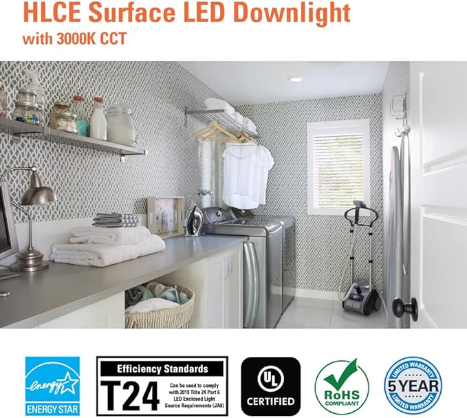 Halo HLCE 6-Pack 6 in Integrated LED Recessed Disk Light 3000K Warm White, 900 Lumens 90 CRI, Damp Location, Phase Cut Dimming, Surface Mount Below Ceiling Installation