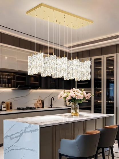 ykolupty Modern Rectangle Chandelier 16-Lights Crystal Chandeliers LED Dimmable Gold Linear Chandelier Flush Mount Crystal Pendant Light for Living Room Dining Room Foyer