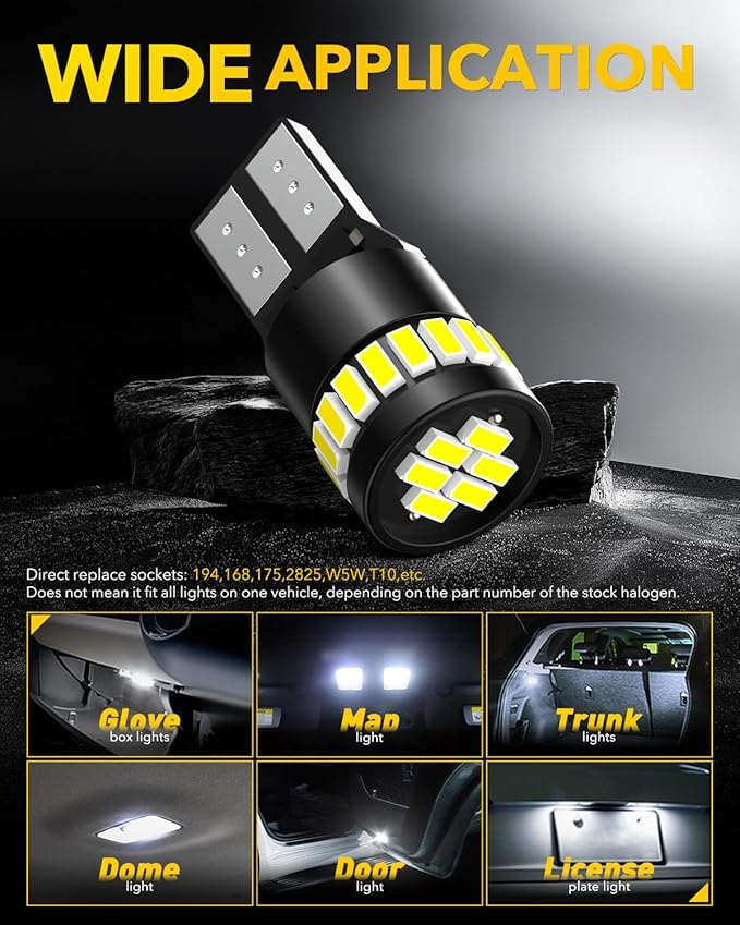 AUXITO 194 LED Bulb 6000K White Canbus Error Free, 168 175 2825 W5W T10 LED Replacement Light Kit for Car Interior Map Marker License Plate Parking Dome Lights, Pack of 4