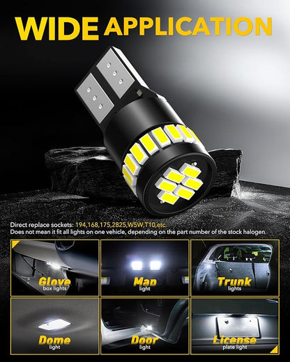AUXITO 194 LED License Plate Light Canbus Error Free, 6000K White 168 175 2825 T10 W5W LED Bulbs for Car Interior Map Dome Trunk Exterior Parking Lights, Pack of 2