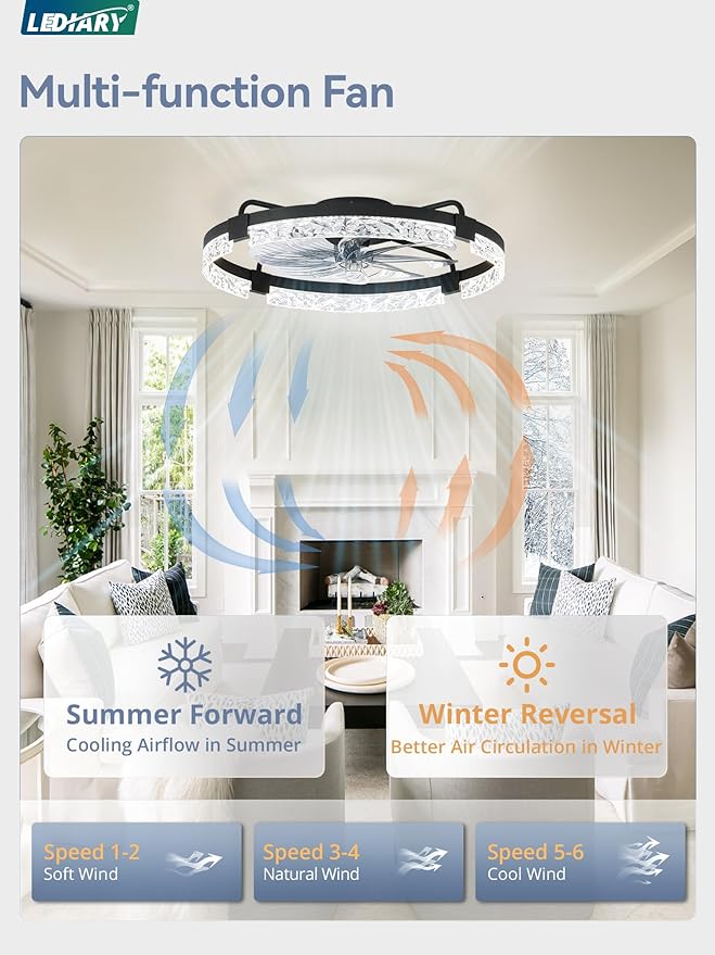 LEDIARY 24 Inch Low Profile Ceiling Fans with Lights and Remote, Flush Mount Fandelier Ceiling Fan, 3000K-6000K Dimmable LED Fan Light, Black Modern Ceiling Fans with Lights for Bedroom