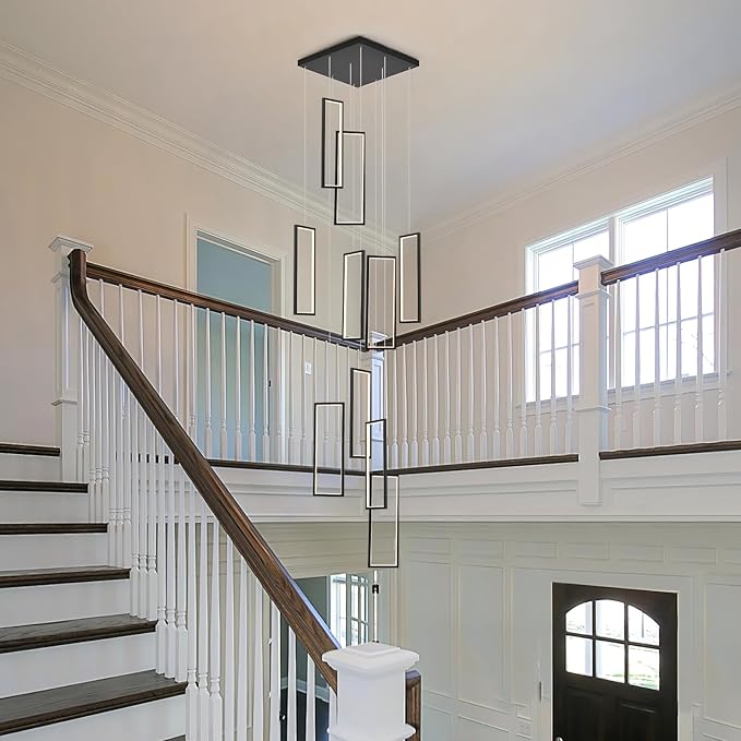 GEADI Modern Foyer Chandelier for High Ceilings,10 Rectangle Dimmable Led High Ceiling Chandelier with Remote Control,Black Large Staircase Pendant Light Fixture for Entryway（3000-6500K）