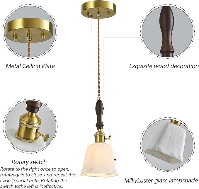 Milky White Glass Vintage Pendant Light Height Adjustable Handmade Glass Pendant Lights Kitchen Island Gold Hanging Light Fixture with Wood Handle for Bedroom Dining Room Hotel (1 Pack)