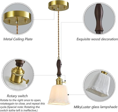 Milky White Glass Vintage Pendant Light Height Adjustable Handmade Glass Pendant Lights Kitchen Island Gold Hanging Light Fixture with Wood Handle for Bedroom Dining Room Hotel (1 Pack)