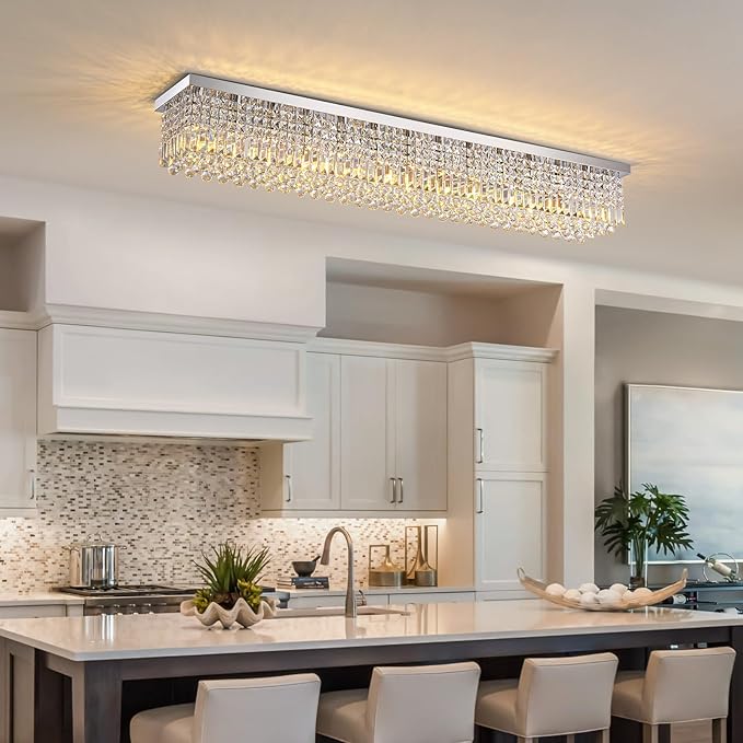 7PM Rectangular Chandelier, Modern Dining Room Light Fixture with Raindrop Chandelier Crystals, 13-Light Flush Mount Rectangle Chandelier for Dining Room Kitchen,Chrome Finish L59'' x W10'' x H9''