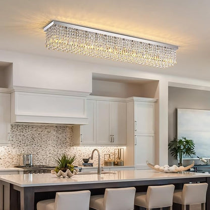 7PM Rectangular Chandelier, Modern Dining Room Light Fixture with Raindrop Chandelier Crystals, 13-Light Flush Mount Rectangle Chandelier for Dining Room Kitchen,Chrome Finish L59'' x W10'' x H9''