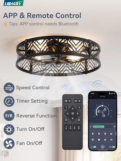 LEDIARY 23" Caged Ceiling Fan with Light, Large Flush Mount, App&Remote Control, Low Profile Bladeless Fan Light Fixture 6 Speed, Reversible and Quiet Motor-Black