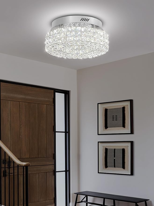 ykolupty 16" Crystal Chandeliers,Round Chandelier for Living Room Modern Flush Modern Crystal Ceiling Light Fixture for Foyer Bedrooms Dining Room Hallway Silver