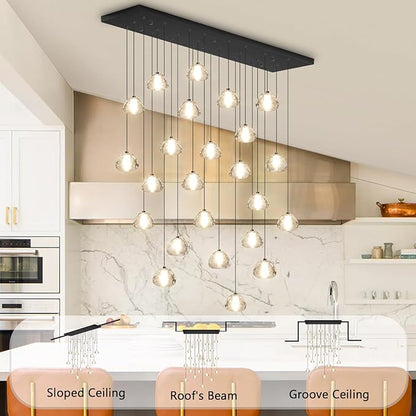 24-Lights Modern Rectangular Crystal Chandelier LED Raindrop Ceiling Pendant Light Crystal Lighting Fixture for Living Room Hotel Staircase Hallway Foyer Entryway Bedroom Black