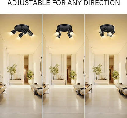 BoostArea LED 4 Light Track Lighting Kit, LED Track Lighting Fixtures, Black Round Ceiling Spot Lighting, Flexibly Rotatable Light Head for Kitchen, Living Room, Bedroom, GU10 Bulb Not Included