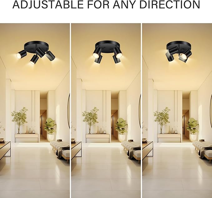 AUQUEE LED 4 Light Track Lighting Kit, LED Track Lighting Fixtures, Black Round Ceiling Spot Lighting, Flexibly Rotatable Light Head for Kitchen, Living Room, Bedroom, GU10 Bulb Not Included