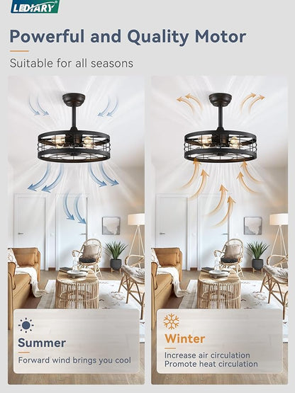 LEDIARY 18 inch Black Caged Ceiling Fan with Light, Bladeless Industrial Ceiling Fan with Remote, Farmhouse Fan Lights Ceiling Fixtures for Kitchen, Bedroom, Outdoor（6 Speed, Timing）-Black