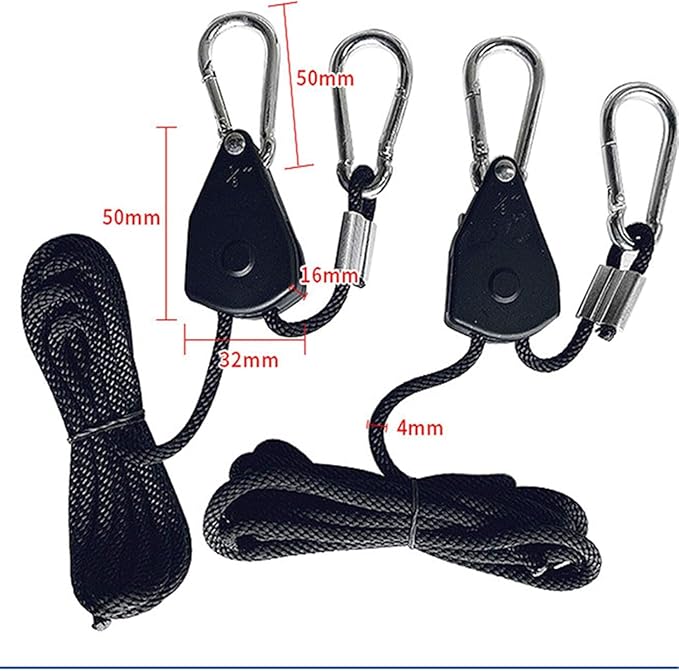 Grow Light Rope Hanger 2Pairs， Adjustable Rope Ratchet Hangers 150 Lbs per Pair with Stainless Steel 2.5" S Hook