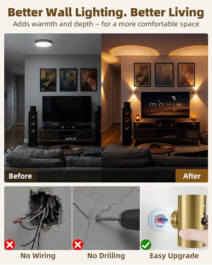 EZVALO Motion Sensor Wall Sconces with Remote, Rechargeable Battery Operated 4000mAh Wall Lights, 3 Color Temperatures & 12 RGB, Wireless LED Lighting for Hallway, Living Room (Brass Gold, 2 Pack)