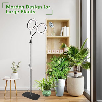 Grow Light with Stand for Indoor Plants, Dual Head Full Spectrum Floor Plant Light for Large Tall Plants, 16.5-68in Adjustable Height, 3/9/12H Timer, Dimmable, Modern Ring Grow Lamp for Home Décor