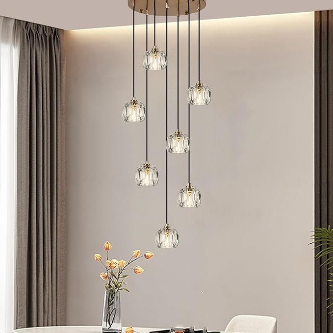 Farmhouse Crystal Pendant Lights, Brass Round Hanging Lamp, Modern Raindrop Chandeliers for Dining Room Living Room Bedroom Kitchen Island