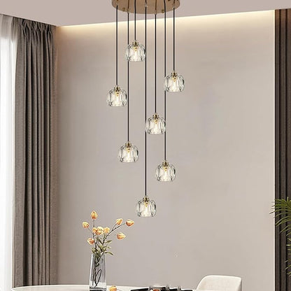 Farmhouse Crystal Pendant Lights, Brass Round Hanging Lamp, Modern Raindrop Chandeliers for Dining Room Living Room Bedroom Kitchen Island