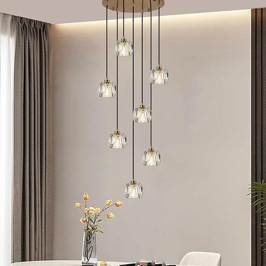 Farmhouse Crystal Pendant Lights, Brass Round Hanging Lamp, Modern Raindrop Chandeliers for Dining Room Living Room Bedroom Kitchen Island
