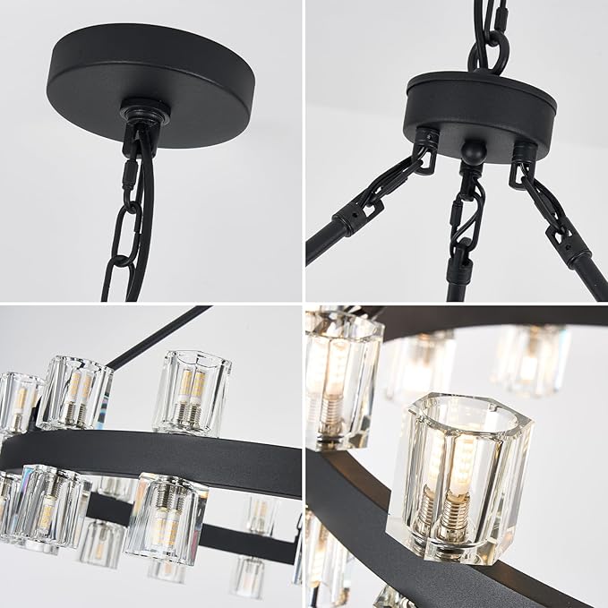 36 Inch Black Wagon Wheel Chandelier with 36 Lights Crystal Shade, Modern Farmhouse Round High Ceilings Pendant Light Fixture for Living/Dining Room, Kitchen, Bedroom, Foyer
