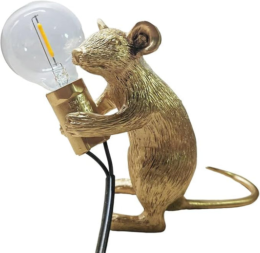 NorDiem Modern Cute Art Mouse Table Lamp Children's Bedside Gift Mini Mouse Lamp LED Resin Animal Small Mice Desk Lights (Gold Sitting)