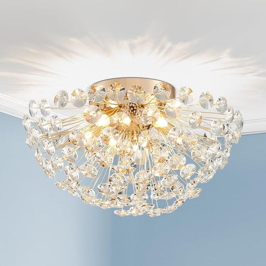 AGV LIGHTING Modern Crystal Flush Mount Ceiling Light Fixture, Dandelion Sputnik Semi Flush Mount Ceiling Light, 16" 5-Light with G9 Base Gold Ceiling Light Fixture