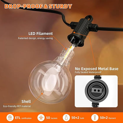 Kawaya Outdoor String Lights 100 FT LED Patio Light with 50+2 Shatterproof Edison Globe Bulbs - IP65 Waterproof Dimmable Hanging Lights - 2700K Warm White Lighting for Outside Porch Deck Bistro Cafe