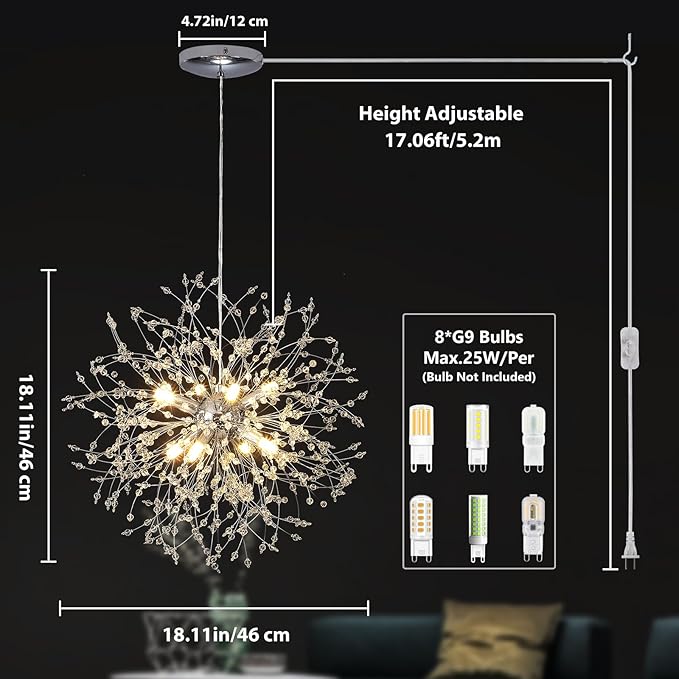 Plug in Crystal Chandelier, Modern Plug in Pendant Light Hanging Light Fixture 2-in-1 Chrome Pendant Light Dandelion Chandeliers for Dining Room Bedroom Kitchen Foyer Entryway Living Room